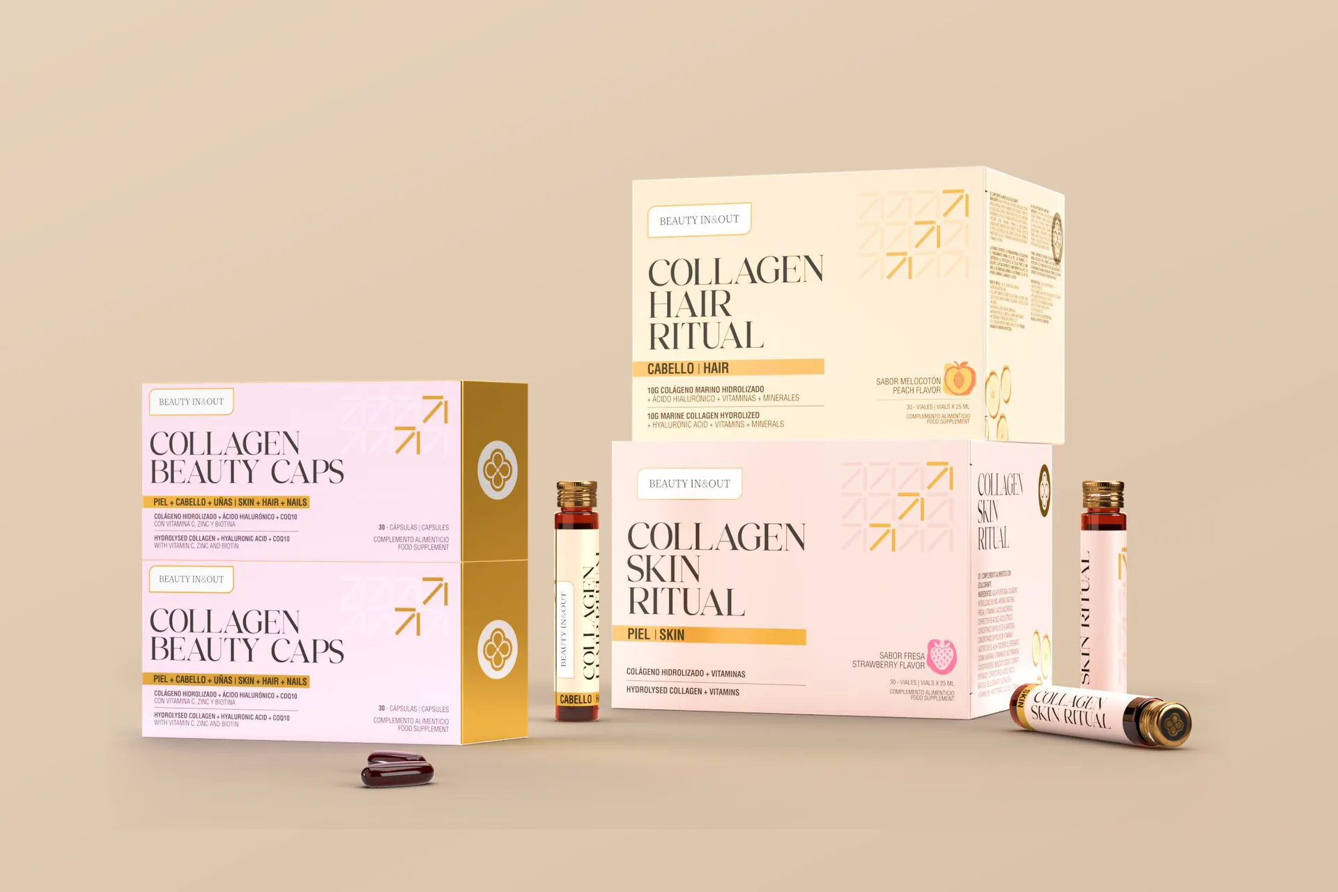 Cajas de Collagen Hair Ritual, Collagen Skin Ritual y Collagen Beauty Caps con viales