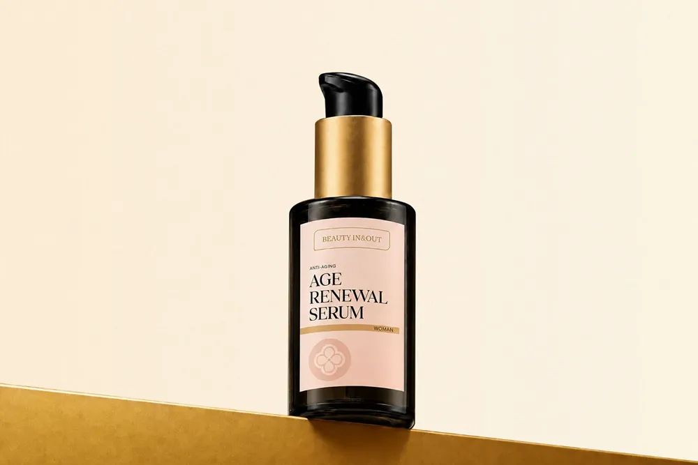 Frasco de Age Renewal Serum sobre un escalón dorado