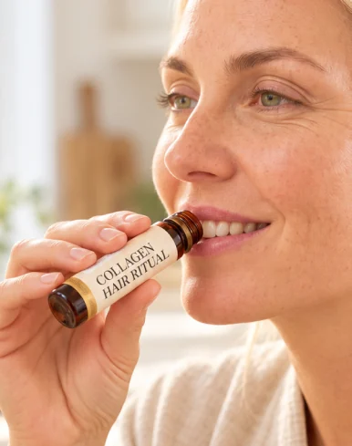 Mujer sonriente tomando un vial de Collagen Hair Ritual